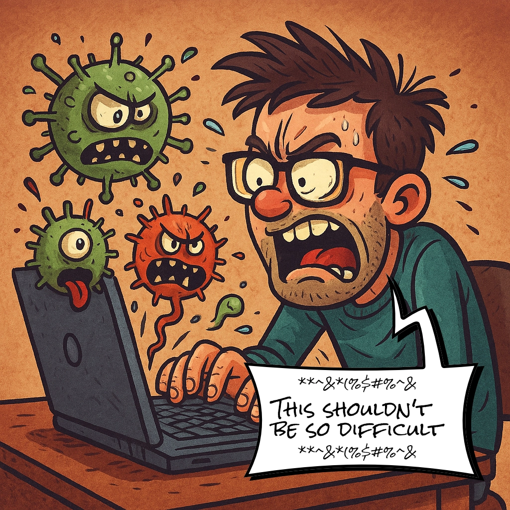 Developer mad at JavaScript, made with the help of Microsoft® Copilot and modified on Affinity® Photo by Rafael Vila from Designer's Gate team